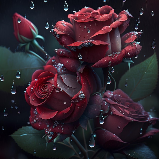 Reihe schöner roter Rosen, die in Regentropfen blühen