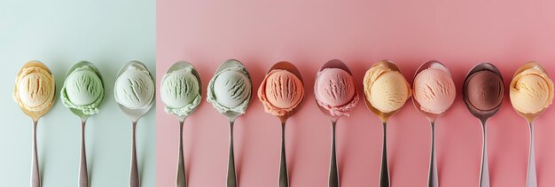 Foto reihe verschiedener eiscreme-schmeckschüssel auf farbigem hintergrund