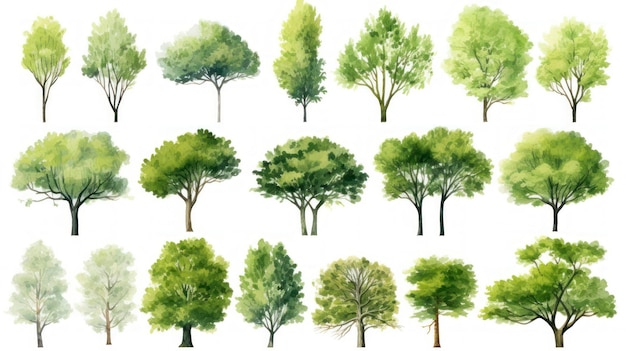 Reihe von Bäumen Handgezeichnete Vektorillustration isoliert auf weißem Hintergrund Generative KI