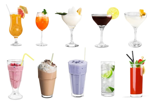 Foto reihe von cocktails weich und longdrinks ind vor weißem hintergrund
