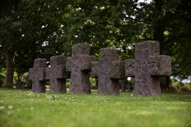 Reihe von Grabsteinen auf dem Gras