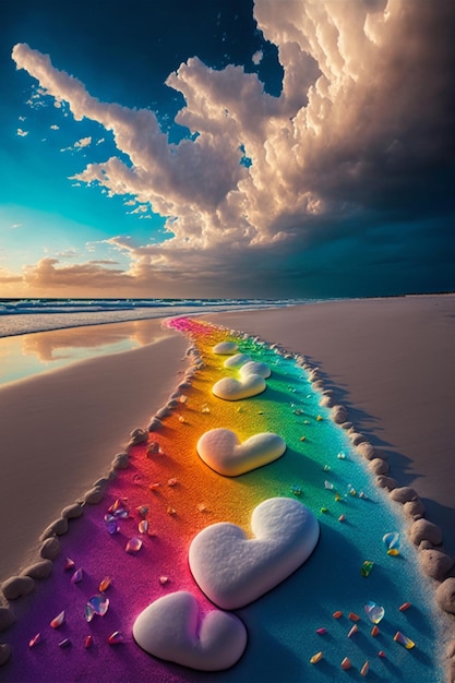 Reihe von Herzen, die oben auf einem generativen ai des sandigen Strandes sitzen