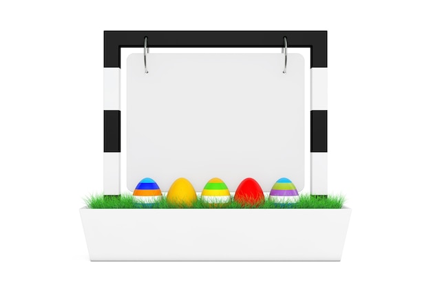 Reihe von Ostereiern in leeren Banner-Schreibtisch-Display mit Gras auf weißem Hintergrund 3D-Rendering