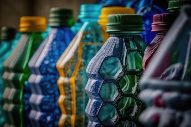 Reihe von Plastikflaschen, die zu neuen Produkten recycelt werden