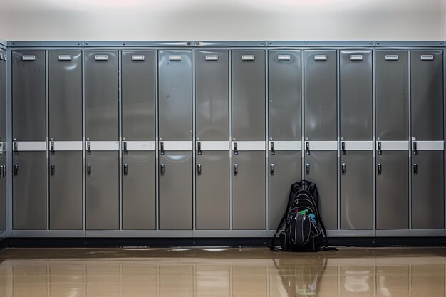 Foto reihe von schließschränken mit einem einzigen rucksack auf dem boden