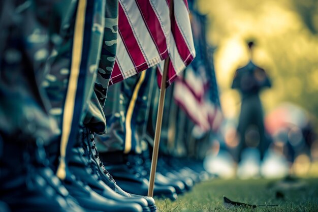 Reihe von Soldaten in Tarnuniformen mit amerikanischen Fahnen, die während einer militärischen Zeremonie oder Veteranentagsveranstaltung aufmerksam stehen Konzept des Patriotismus Dienst, Ehre und Opfer