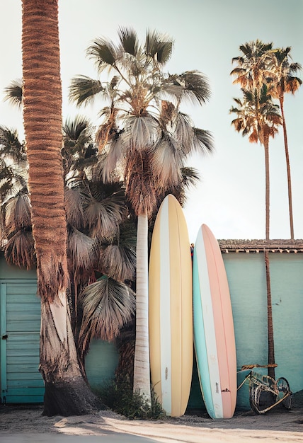 Reihe von Surfbrettern am Strand mit Palmen und blauem Himmel im Hintergrund AI generiert