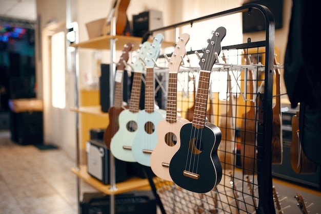 Foto reihe von ukulelen-akustikgitarren auf schaufenster im musikgeschäft, niemand. sortiment im musikinstrumentengeschäft, professionelle ausrüstung für musiker und interpreten