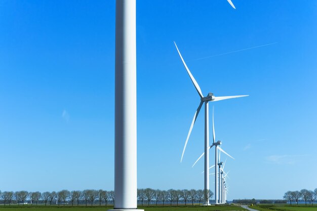 Reihe von Windkraftanlagen blauer Himmel Hintergrund Banner mit vielen Windkraftanlagen Grüne Energie umweltfreundliche Strom aus erneuerbaren Ressourcen