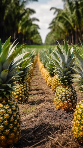 Reihen von Ananas auf einem Feld mit Bäumen im Hintergrund und Gras im Vordergrund. Generative KI