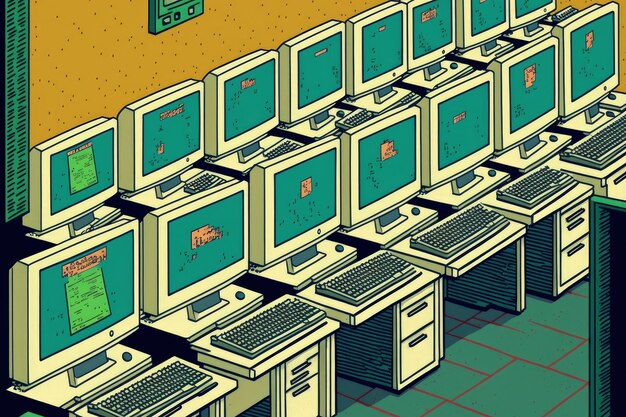 Reihen von Computern, ordentlich platziert in einem Computerraum