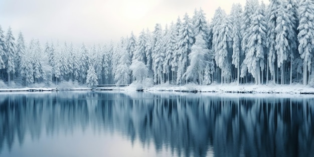 Reihen von Kiefern im Schnee am See Rand ruhige Winterlandschaft Generative KI