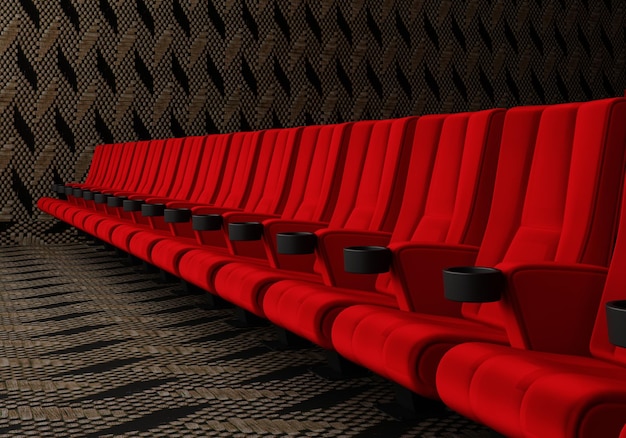 Reihen von roten Samtsitzen, die Filme im Kino mit Kopienraum-Bannerhintergrund ansehen Unterhaltungs- und Theaterkonzept 3D-Illustrationsrendering