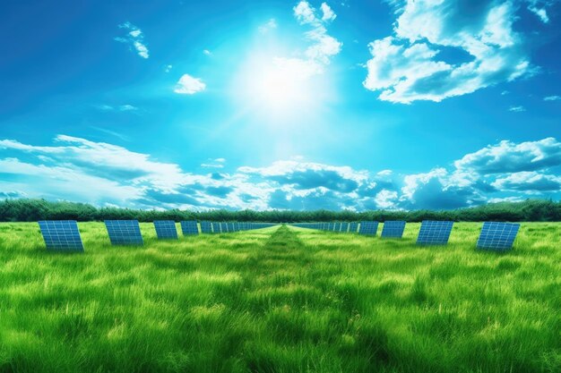 Reihen von Solarmodulen auf einem grünen Feld mit blauem Himmel, die mit generativer AI erzeugt wurden