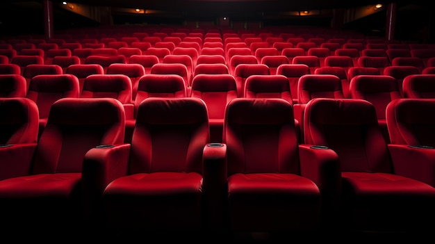 Foto reihen von unbesetzten theaterstühlen in einem ruhigen und atmosphärischen auditorium, die auf ein publikum warten