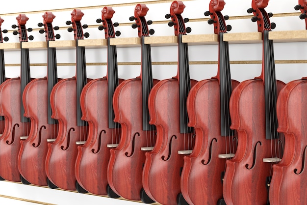 Reihen von Vintage Red Wooden Violins for Sale Hängen im Regal im Shop extreme Nahaufnahme. 3D-Rendering