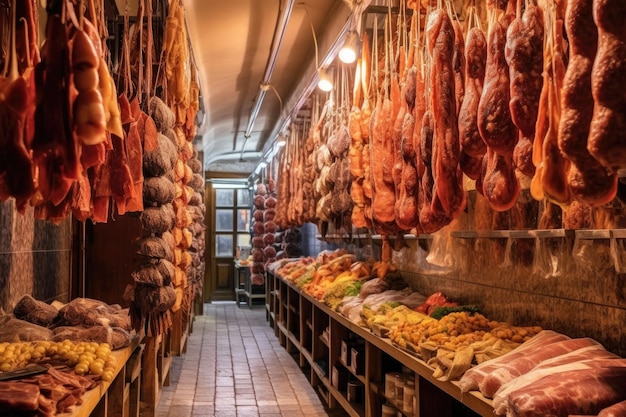 Foto reihenweise hängende wurst- und wurstwaren auf einem markt, der mit generativer ki erstellt wurde