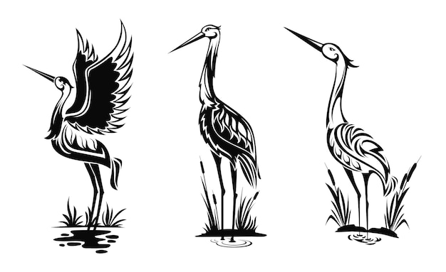 Reiher oder Watvögel, Vektorsymbole, schwarze Herne