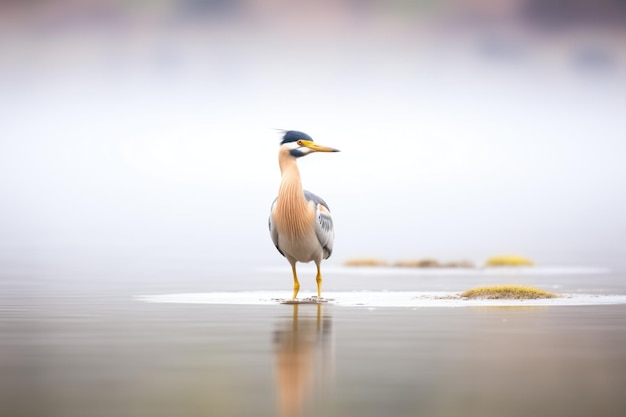 Reiher steht still im seichten, nebligen Seewasser