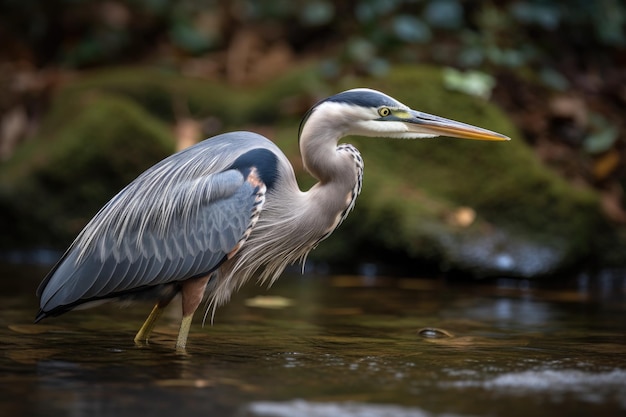 Reihervogel watet durch einen seichten Bach. Generative KI