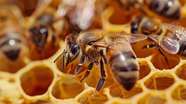 Foto la reina apis mellifera marcada con puntos y obreras de abejas alrededor de su vida de colonia de abejas