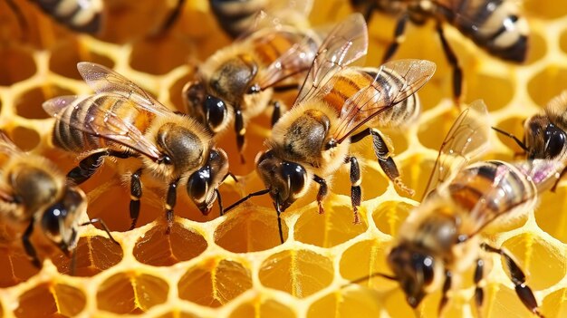 Foto la reina apis mellifera marcada con puntos y obreras de abejas alrededor de su vida de colonia de abejas