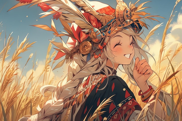 Reina de la cosecha Con una corona de trigo adornando su cabeza, una niña se yergue en el campo encarnando el espíritu de abundancia manga anime estilo ilustración generativa ai