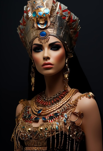 Reina egipcia en atractiva forma de cuerpo caliente con accesorios dorados trajes reales maquillaje completo