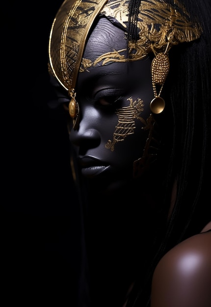 La reina guerrera afro con la máscara dorada con los trajes de guerrera hermosa modelo de piel oscura traje de fantasía