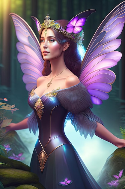 Reina de las hadas con alas translúcidas en un bosque mágico Persona inexistente