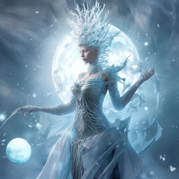 Una reina de hielo con un vestido blanco con una luna azul detrás de ella.