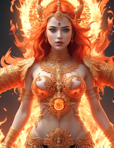 Reina del infierno pelo rojo con fuego.