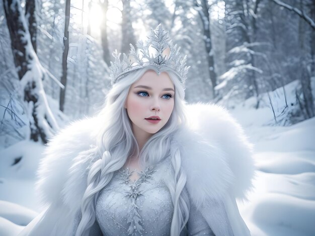 Reina de la nieve con corona en la nieve en el bosque de invierno ai generar