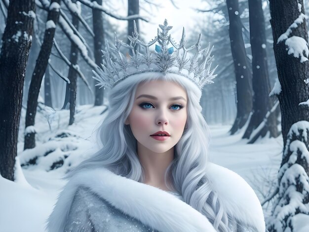 Reina de la nieve con corona en la nieve en el bosque de invierno ai generar