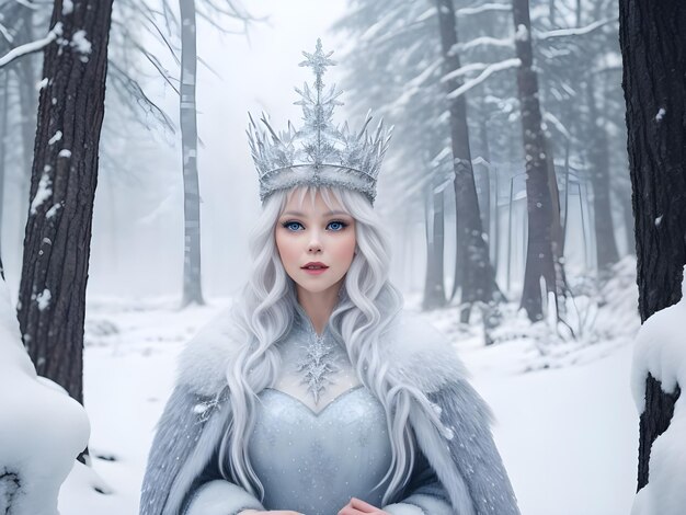 Foto reina de la nieve con corona en la nieve en el bosque de invierno ai generar