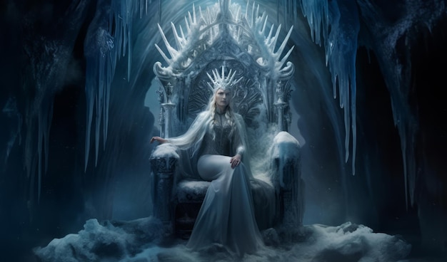 La reina de las nieves está sentada en su trono.