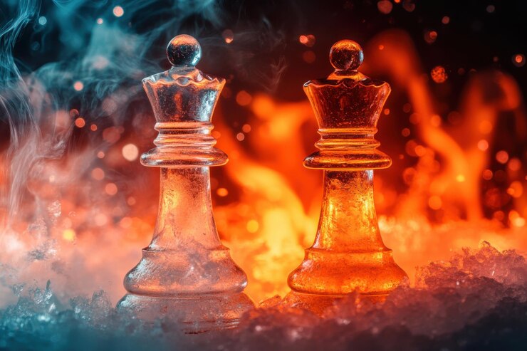 Reinas de ajedrez de vidrio en equilibrio en el hielo con fuego y humo en el fondo que simbolizan tácticas de rivalidad y contraste
