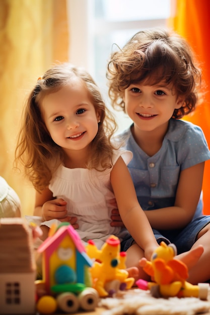 Reine Kindheit Glückseligkeit Kinder spielen, teilen sich Spielzeuge und strahlen Glück aus am schönen Lächeltag