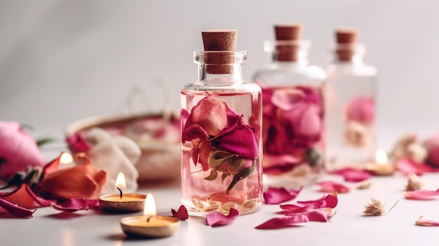 Reines ätherisches Bio-Rosenöl-Konzept Elixir Pink Flowers Kerzentuch