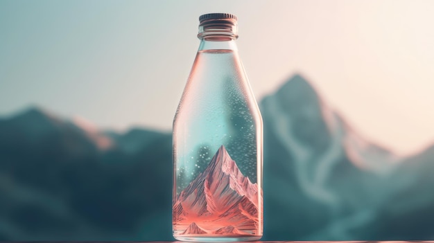 Reines Mineralwasser in einer Glasflasche. Saubere Flüssigkeit auf Berghintergrund. Generative KI