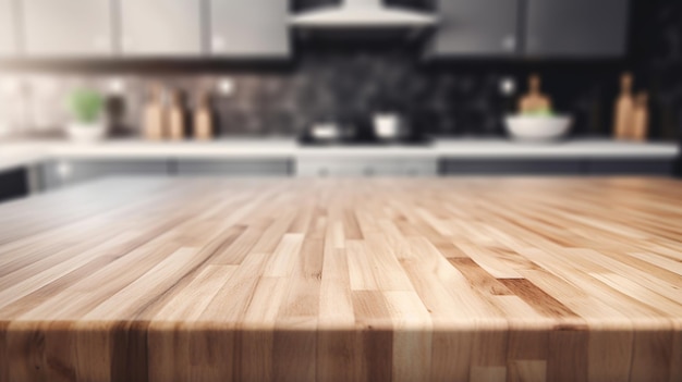 Reinigen Sie die Holztischplatte mit einer getrübten Kücheneinrichtung. Kreative Ressource KI generiert