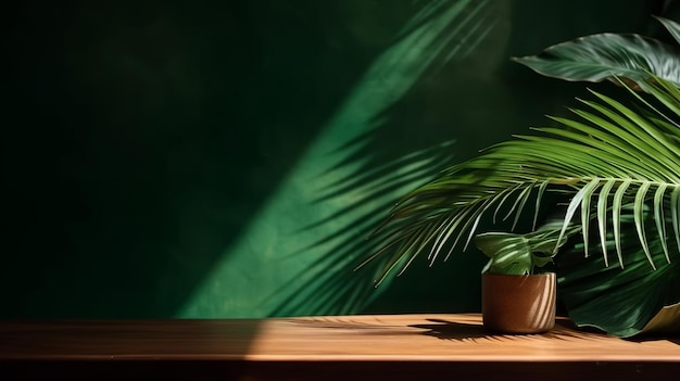 Reinigen Sie die Holztischtheke mit tropischer Palme im gesprenkelten Sonnenschein. KI-generiert