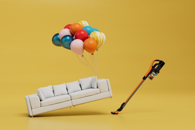 Reinigen vor dem aufstellen neuer möbel ein sofa mit luftballons und einen staubsauger