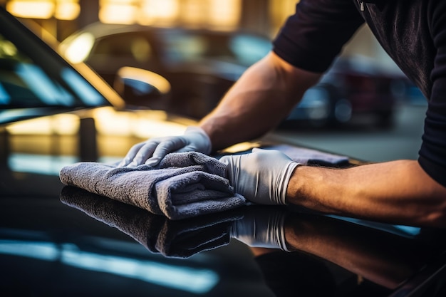 Foto reinigung von autos mit grünem mikrofibertuch im freien im urlaub