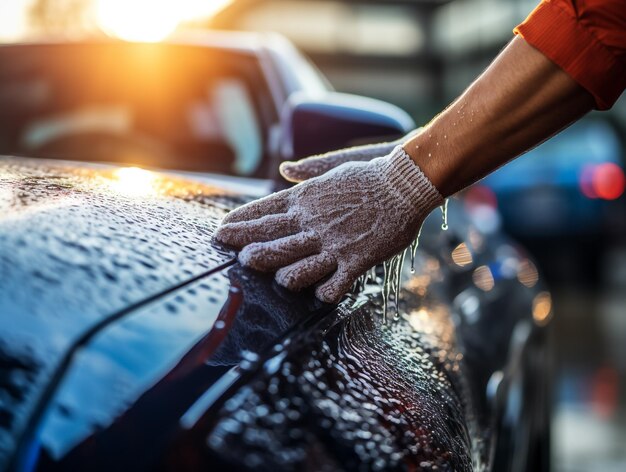 Reinigung von Autos mit Hochdruckwasser Schöner junger bärtiger Mann Arbeiter in Schutzkleidung und Handschuhen wäscht moderne rote Autos unter Hochdruck mit Seifenwasser im Autowaschservice