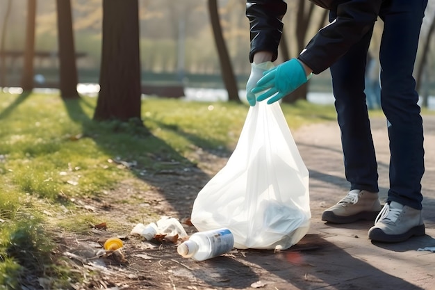 Reinigung von Müll in Säcken im Park Nahaufnahme eines Freiwilligen, der Plastikmüll sammelt Generative KI