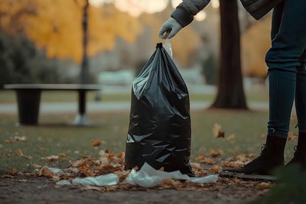 Reinigung von Müll in Säcken im Park Nahaufnahme eines Freiwilligen, der Plastikmüll sammelt Generative KI