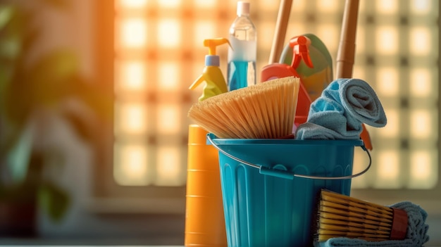 Foto reinigungsgeräte verschiedene haushaltsreinigungsmittel in einem eimer
