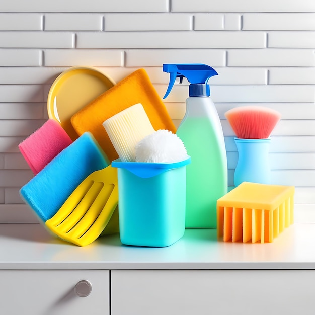 Reinigungsmittel, Reinigungszubehör, Gummihandschuhe, Lappen und Schwämme zum Geschirrspülen auf einem weißen Ziegelstein b