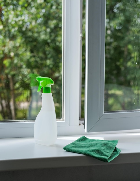 Reinigungsmittel und Tücher auf dem allgemeinen Reinigungskonzept der Fensterbank